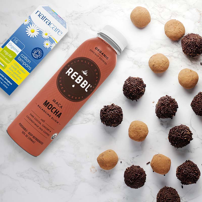 energy bites with rebbl drink and natracare tampons