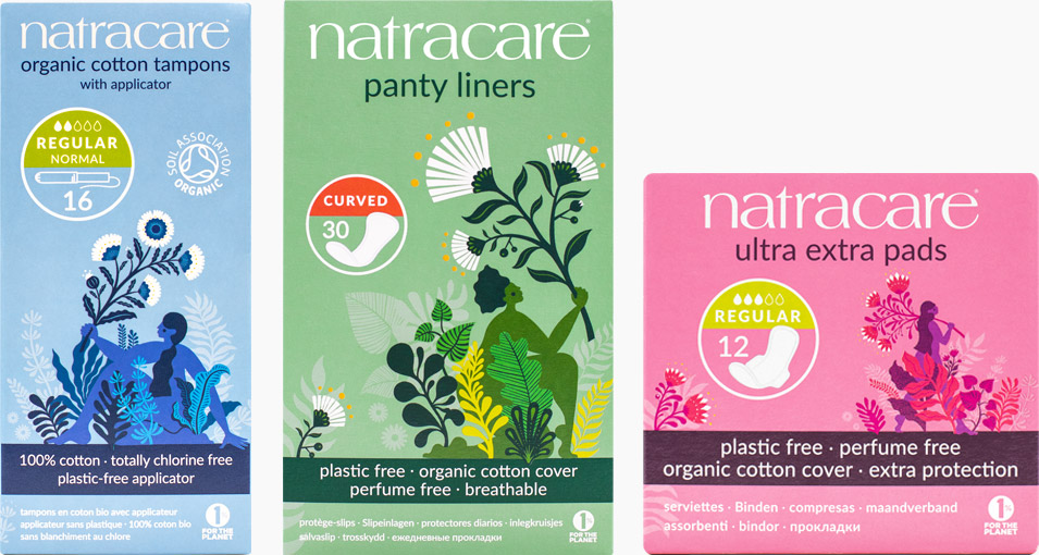 Three packs of Natracare plastic free products
