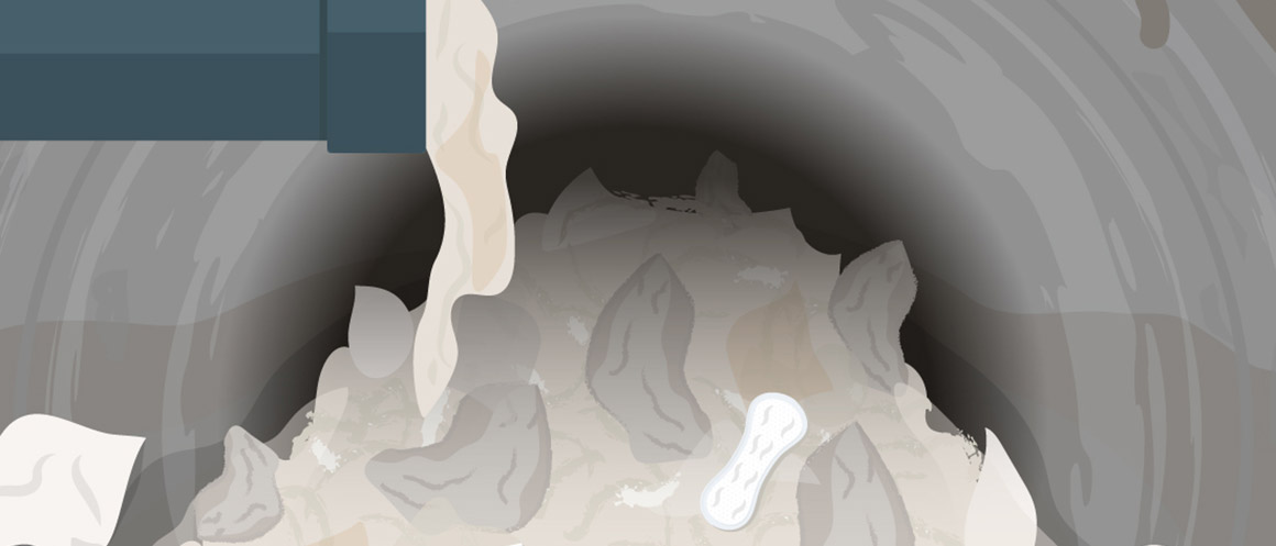 An illustration of a sewer filled with wipes and period products