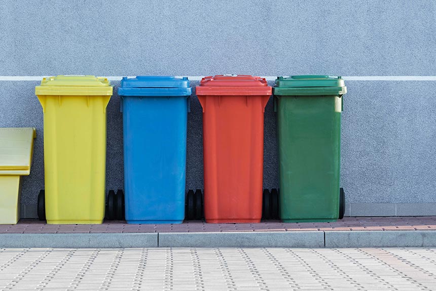 Image of differently coloured recycling bins