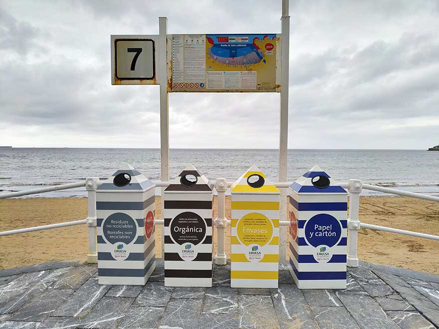 recycling bins on beach