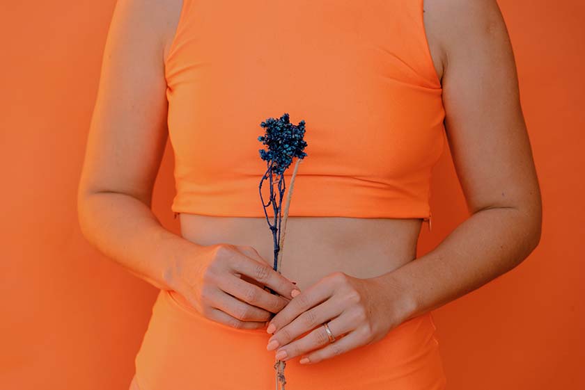 Person holding a blue flower in front of their belly