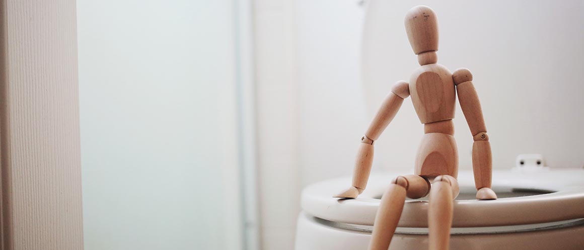 Holzfigur sitzt auf Toilette