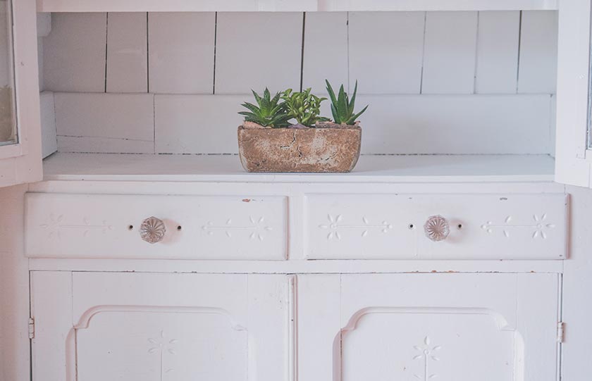 bathroom cupboards with plant pot