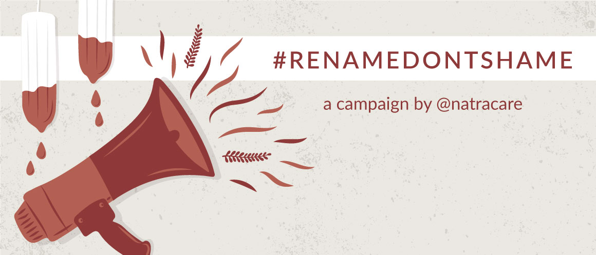 Illustration with a red megaphone and tampons which says 'rename don't shame, a campaign by Natracare'