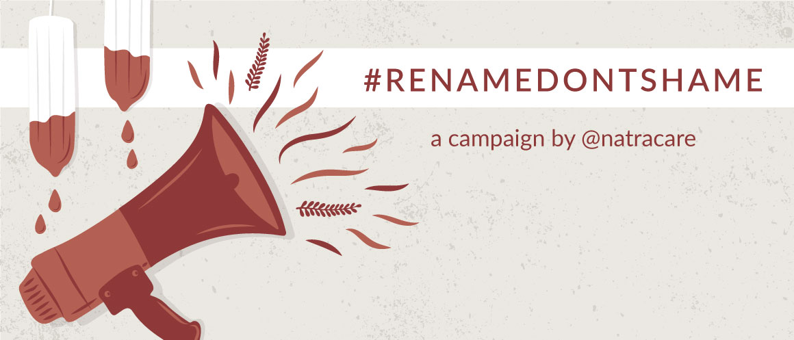 Illustration red megaphone, tampons says 'rename don't shame, a campaign by Natracare'