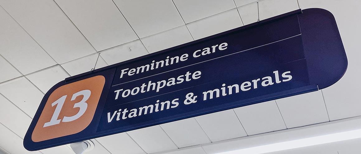 supermarket sign for 'feminine hygiene'