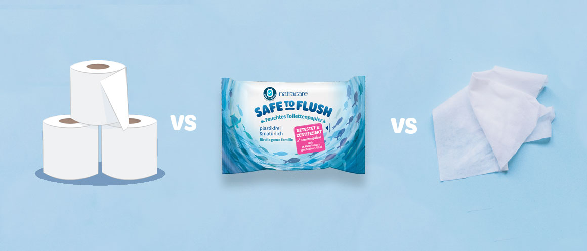 Illustration Toilettenpapierrollen vs. Safe to Flush Spülbare Feuchttücher vs. Feuchttuch