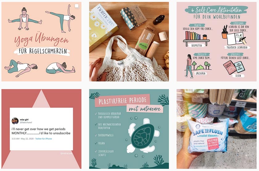 Natracare’s Instagram Wand mit Illustrationen, Fotos von Tampons, Binden und Zitaten