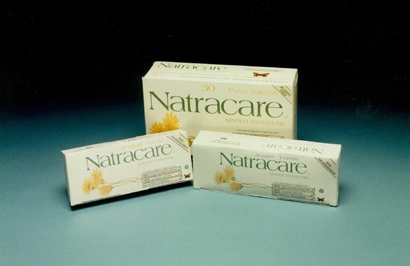 Natracare tampons and pads in their original packaging 1989