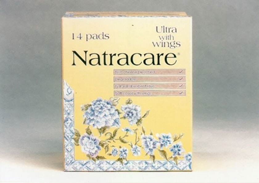 Natracare pads in vintage old packaging designs