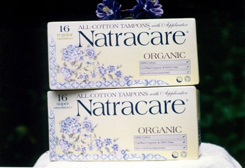 Natracare tampons in vintage old packaging designs