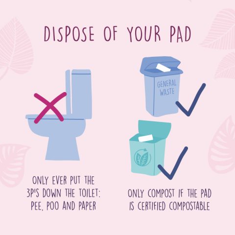 don't flush a used pad throw away via bin or compost