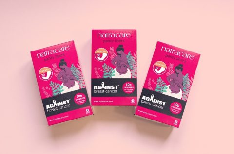 Limited edition packs of Natracare curved panty liners for Action Against Breast cancer