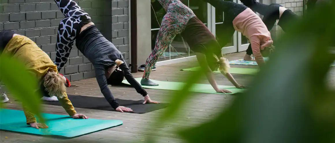 Row of people doing yoga mats